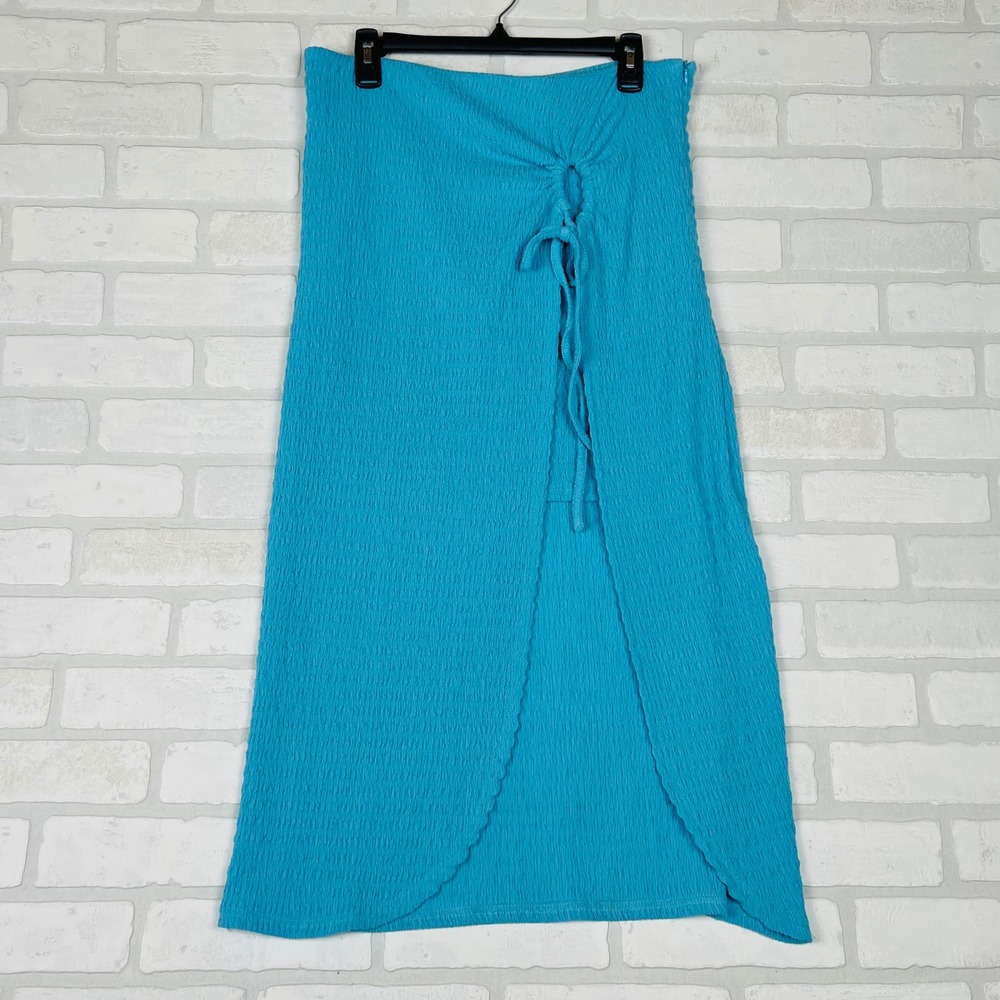 Pink Lily Turquoise Blue Crinkle Popcorn Faux Wrap Midi Skirt XL